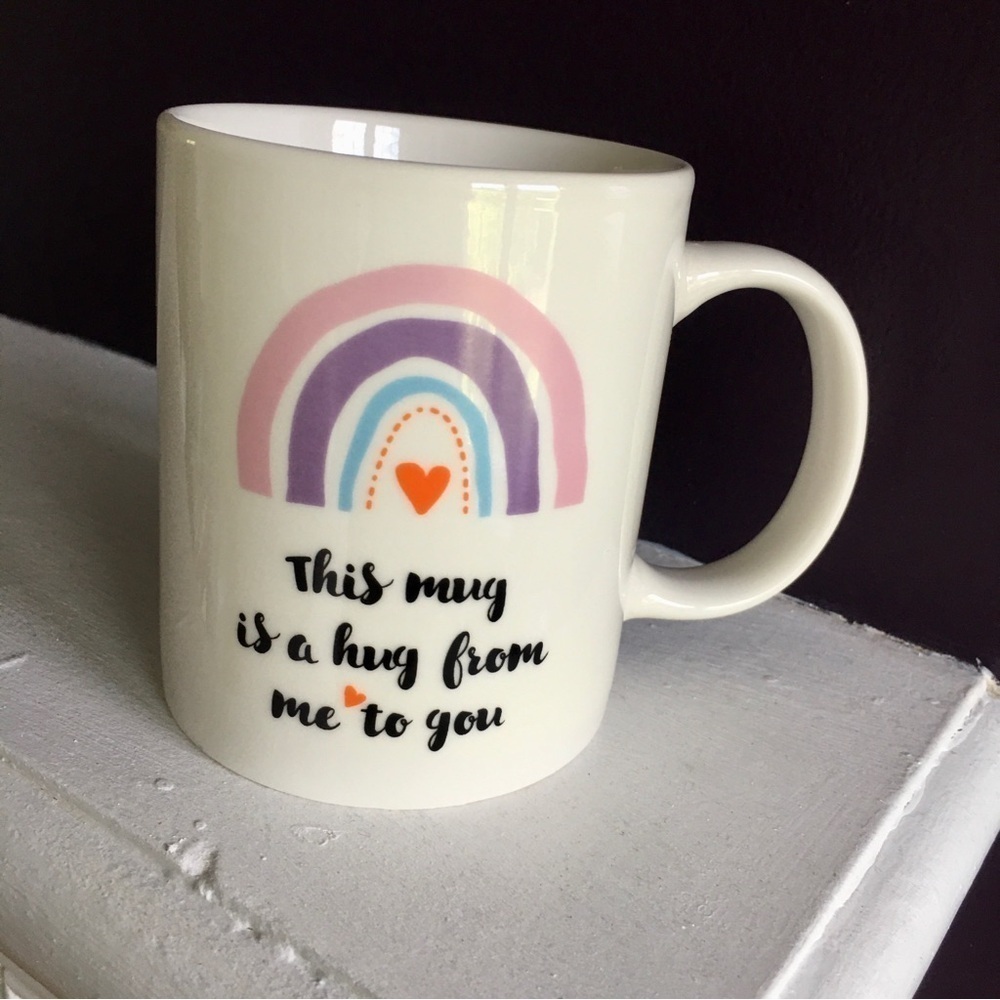 “This mug is a hug from me to you,” Coffee Mug, Ivory, Cream, 11 oz